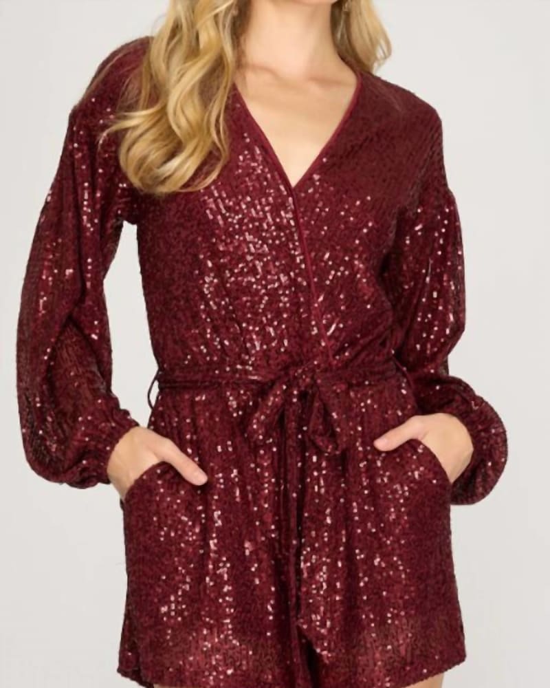 Front of a model wearing a size L Sequin Romper In Wine In Red in Red by SHE + SKY. | dia_product_style_image_id:355574